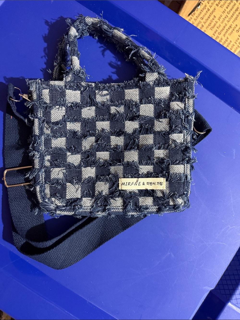 NWOT Frayed Checkered Mini Denim Tote Bag style crossbody- navy blue and White